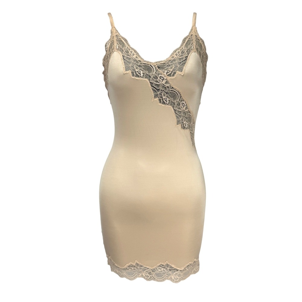 LULEH by Maidenform Nude Beige Lace Trim Shapewear Slip Dress‎ Size L